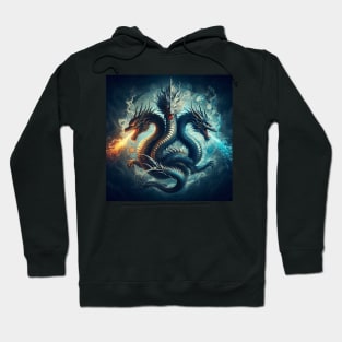 Triad of Draconic Majesty: Fire, Water, and Air Convergence Hoodie